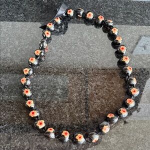 Kukui Nut Necklace Hawaii Hand Painted Red Hibiscus Wedding Lei Luau Black